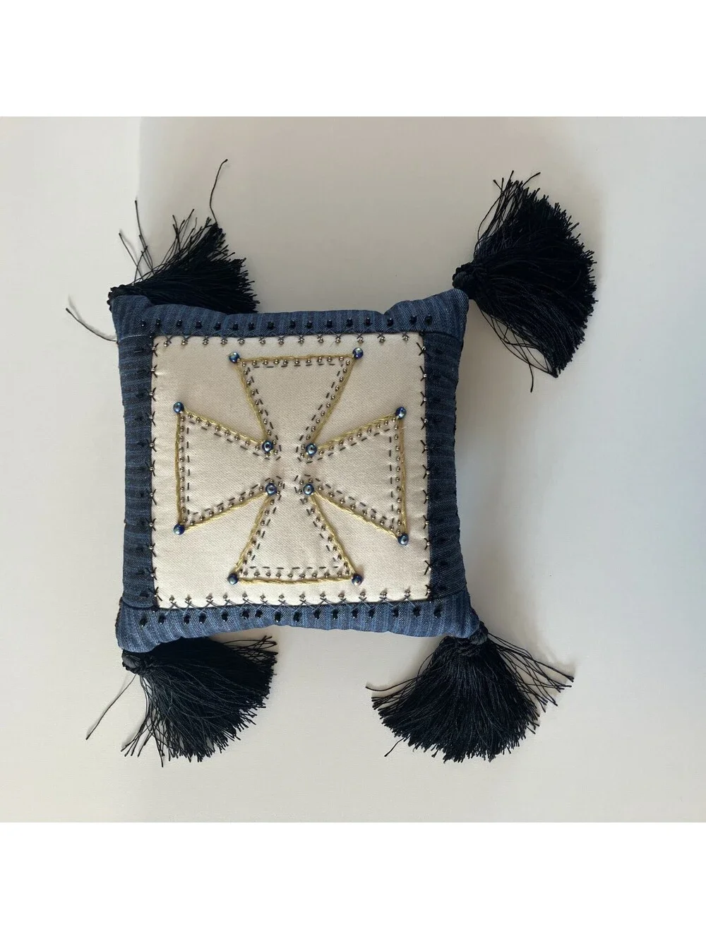 90s Y2K Mini Accent Throw Pillow Cross Appliqué Embroidery Bead Bling Tassles 8